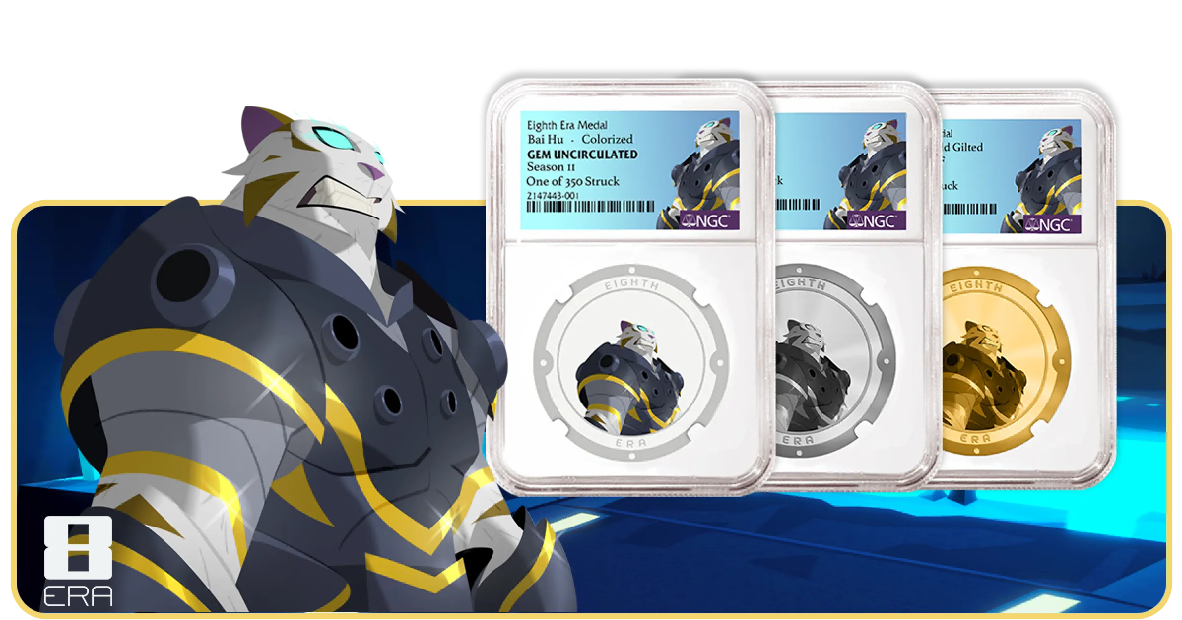 Bai Hu, a legendary cat-like hero, stands next to collectible coins with his face.
