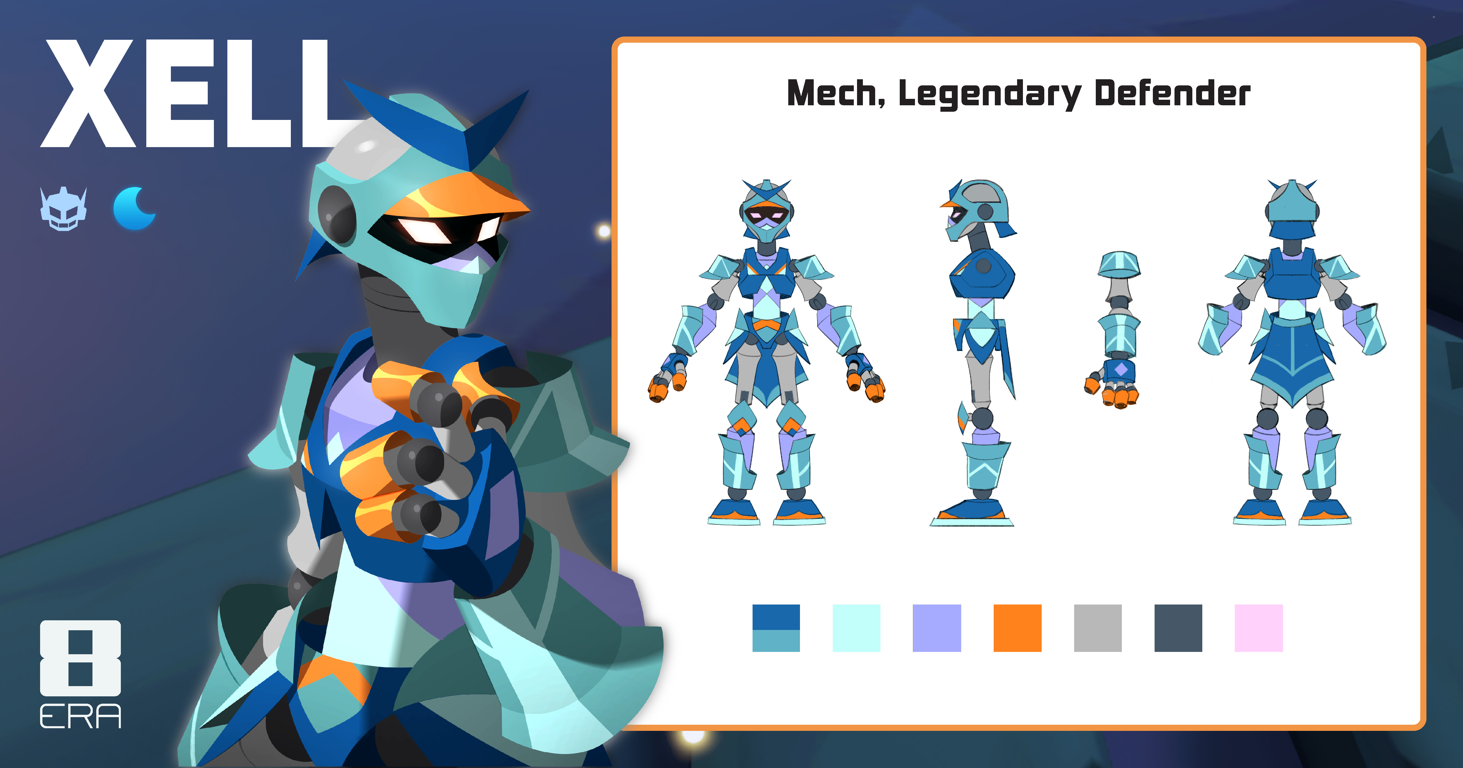 A mech defender shown in a few different poses.
